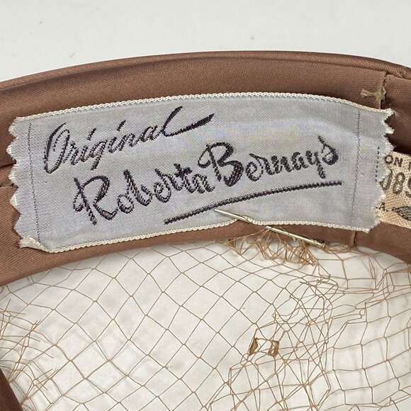 Vintage Roberta Bernays Brown Fur Satin Fascinator Hat Birdcage Veil Made USA main image 4